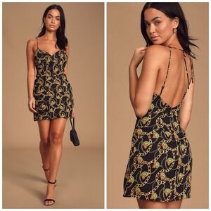 ASTR Chain Reaction M Equestrian Black Gold Faux Wrap Mini Dress Strappy V Neck